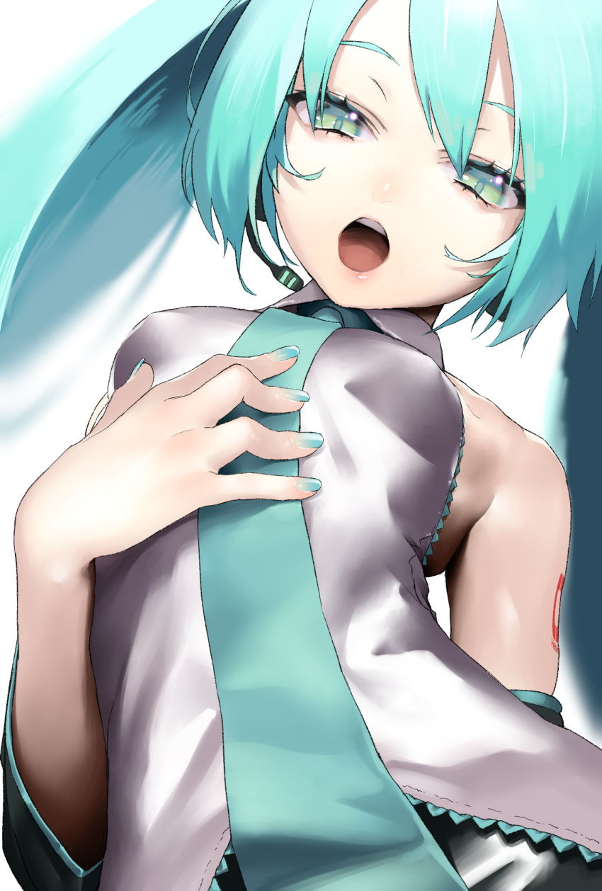 1girl aqua_eyes aqua_hair aqua_nails aqua_neckwear bare_shoulders black_skirt black_sleeves breasts commentary detached_sleeves frilled_shirt frills from_below grey_shirt half-closed_eyes hand_on_own_chest hatsune_miku headphones headset highres leaning_to_the_side lips long_hair looking_at_viewer nail_polish necktie open_mouth rsk_(tbhono) shiny shiny_clothes shirt shoulder_tattoo skindentation skirt sleeveless sleeveless_shirt slit_pupils small_breasts solo tattoo twintails upper_body vocaloid white_background