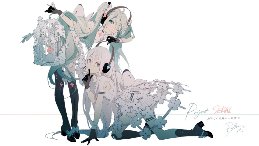 2girls ;) asymmetrical_footwear bent_over birdcage black_footwear black_gloves blue_eyes boots bug butterfly butterfly_on_finger butterfly_on_hand cage commentary_request copyright_name cosplay crinoline finger_to_mouth full_body gloves green_eyes green_hair hair_flowing_over hair_ornament hatsune_miku hatsune_miku_(cosplay) headphones high_heel_boots high_heels highres holding hoop_skirt index_finger_raised insect knee_boots kneeling long_hair looking_at_viewer matching_outfit multiple_girls one_eye_closed project_sekai rella shushing signature smile standing thigh-highs thigh_boots thigh_strap twintails very_long_hair vocaloid white_background white_hair yoisaki_kanade