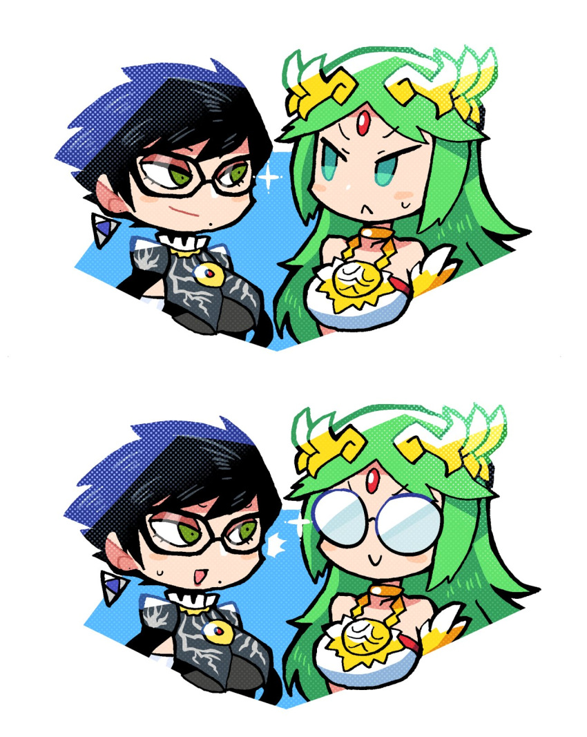 &gt;:) 2girls :&lt; :d bayonetta bayonetta_(character) bespectacled black-framed_eyewear black_hair blush_stickers closed_mouth crown earrings eye_contact forehead_jewel glasses green_eyes green_hair halftone highres jewelry kid_icarus long_hair looking_at_another mole mole_under_mouth multiple_girls open_mouth palutena rariatto_(ganguri) round_eyewear short_hair smile sweat v-shaped_eyebrows