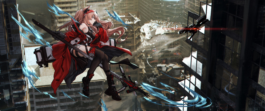 1girl absurdres alternate_costume angelina_(arknights) animal_ears arknights bangs black_gloves black_jumpsuit boots breasts brown_hair building choker cityscape coat drone floating_hair flying fox_ears gloves hairband highres holding long_hair long_sleeves looking_afar multiple_straps open_clothes open_coat red_coat red_eyes red_hairband riding short_jumpsuit solo staff thigh-highs twintails weapon_case wujin