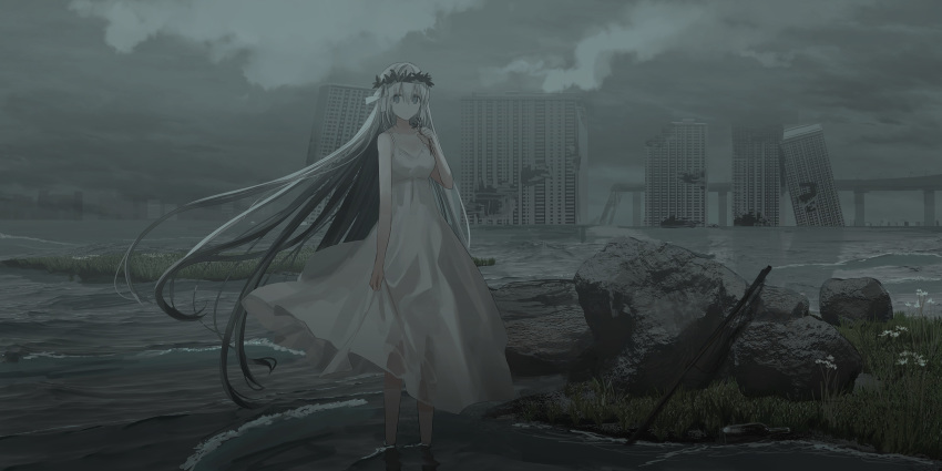 1girl bangs bare_arms bare_shoulders black_hair blue_eyes breasts bridge building chihuri closed_mouth commentary_request dress eyebrows_visible_through_hair floating_hair grey_hair hair_between_eyes highres long_hair looking_at_viewer multicolored_hair original outdoors overcast ruins sleeveless sleeveless_dress small_breasts solo standing two-tone_hair very_long_hair wading water white_dress