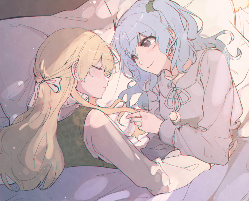 2girls bang_dream! bangs bed blonde_hair closed_eyes closed_mouth eyebrows_visible_through_hair hair_ribbon hanazono_suki light_blue_hair long_hair long_sleeves matsubara_kanon multiple_girls pillow ribbon shirasagi_chisato smile yuri