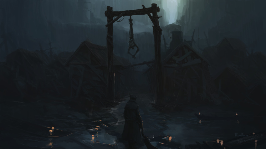 1other ambiguous_gender arm_at_side bloodborne building candle candlelight coat commentary corpse from_behind hanging hat highres holding holding_weapon house hunter_(bloodborne) night ruins saw_cleaver scenery solo tricorne tripdancer upside-down water weapon