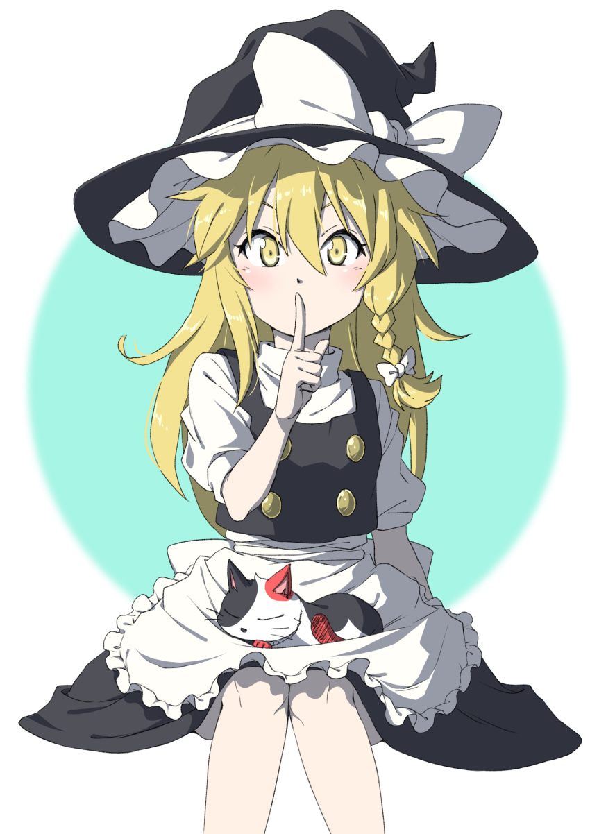 1girl animal_on_lap apron arm_up black_headwear black_skirt black_vest blonde_hair blue_background braid cat cat_on_lap commentary_request feet_out_of_frame finger_to_mouth hair_between_eyes hat hat_ribbon highres inuno_rakugaki kirisame_marisa knees_together long_hair looking_at_viewer puffy_short_sleeves puffy_sleeves ribbon shirt short_sleeves simple_background single_braid sitting skirt solo touhou two-tone_background very_long_hair vest waist_apron white_background white_shirt witch_hat yellow_eyes