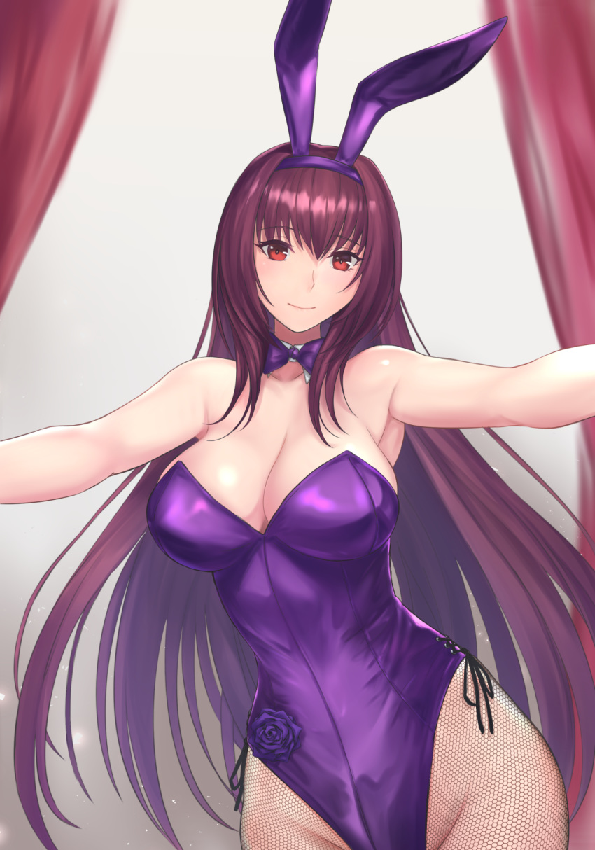 1girl animal_ears bangs blush breasts bunnysuit closed_mouth detached_collar fake_animal_ears fate/grand_order fate_(series) fishnet_legwear fishnets hair_between_eyes highleg highleg_leotard highres large_breasts leotard long_hair looking_at_viewer odachu outstretched_arms pantyhose purple_hair purple_leotard rabbit_ears red_eyes scathach_(fate)_(all) scathach_(fate/grand_order) thighs wrist_cuffs