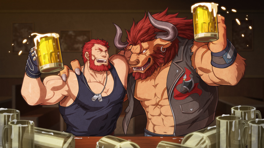 2boys abs animal_ears arm_around_shoulder bara bare_chest bare_shoulders beard beer_mug black_tank_top chest commission cow_boy cow_ears cow_horns cup earrings facial_hair fate/grand_order fate/zero fate_(series) highres horns iskandar_(fate) jewelry male_focus monster_boy mug multiple_boys muscle necklace original red_eyes redhead sharp_teeth short_hair sleeveless smile tank_top teeth torn_clothes upper_body veins zelo-lee