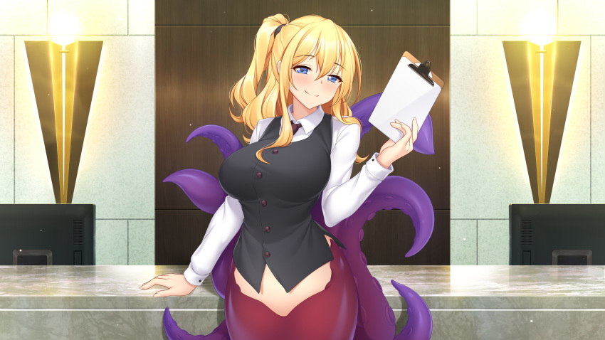 1girl absurdres arm_support black_vest blonde_hair blue_eyes blush breasts buttons clipboard closed_mouth collared_shirt existence eyebrows_visible_through_hair game_cg hair_between_eyes half-closed_eyes highres holding holding_clipboard large_breasts long_hair long_sleeves looking_at_viewer monster_girl necktie nell_(existence) scylla shirt side_ponytail sidelocks smile solo standing suction_cups tentacles uosaasou vest white_shirt wing_collar