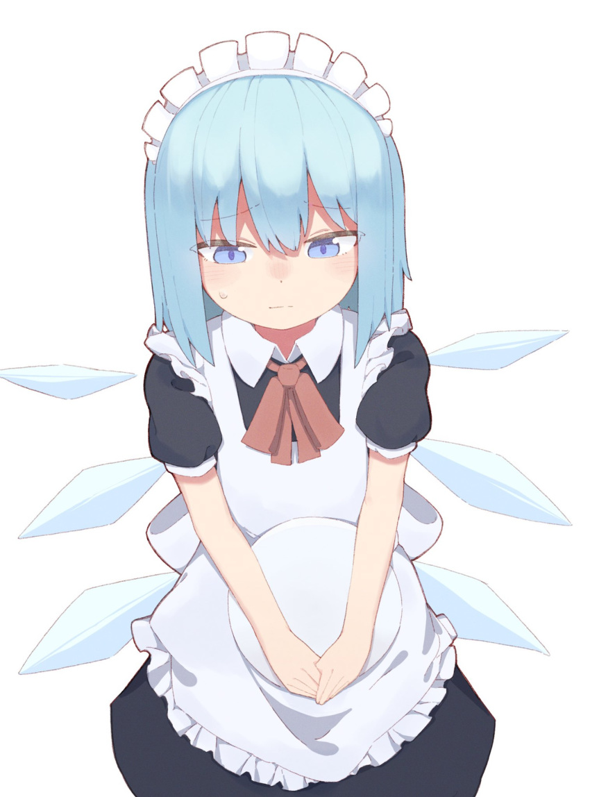 1girl alternate_costume apron bangs black_dress blue_eyes blush cirno commentary_request cowboy_shot detached_wings dress enmaided highres holding holding_tray ice ice_wings kae_karee looking_down maid maid_headdress medium_hair neck_ribbon raised_eyebrows red_neckwear ribbon short_sleeves simple_background solo straight_hair touhou tray white_background wings