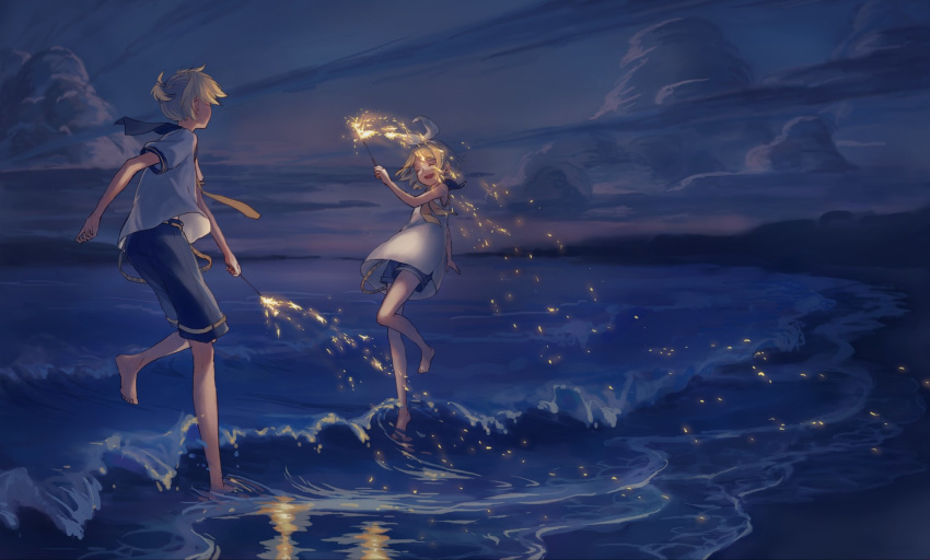 1boy 1girl akizakura_mns bangs bare_shoulders barefoot beach belt black_collar black_shorts blonde_hair bow closed_eyes clouds collar commentary dress fireworks hair_bow hand_up highres holding kagamine_len kagamine_rin neckerchief necktie night open_mouth reflection sailor_collar scenery school_uniform shirt short_hair short_ponytail short_shorts short_sleeves shorts smile sparkler sparks spiky_hair swept_bangs vocaloid wading waves white_bow white_dress white_shirt wide_shot yellow_neckwear