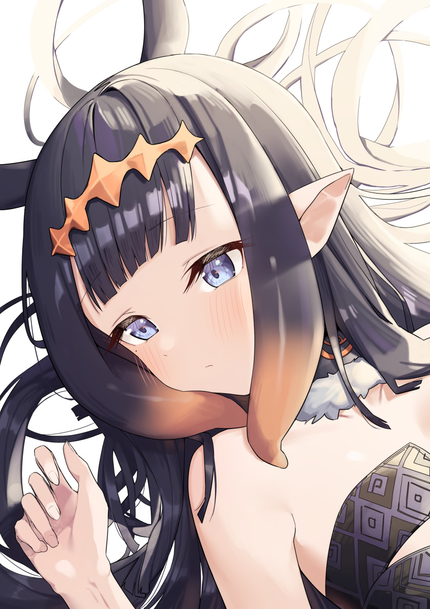 1girl absurdres bangs bare_shoulders black_hair blue_eyes blunt_bangs blush collarbone commentary expressionless eyebrows_visible_through_hair flat_chest fur_trim gradient_hair highres hololive hololive_english looking_away looking_to_the_side mole mole_under_eye multicolored_hair ninomae_ina'nis orange_hair pointy_ears simple_background solo strapless syhan tentacle_hair upper_body virtual_youtuber white_background