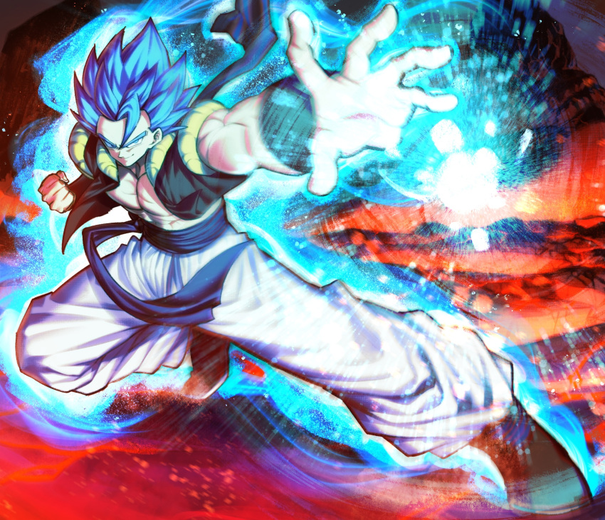 1boy aura black_footwear blue_eyes blue_hair bracer clenched_hand closed_mouth dragon_ball dragon_ball_super dragon_ball_super_broly fighting_stance gogeta highres male_focus mattari_illust metamoran_vest muscle pants pectorals smile solo spiky_hair super_saiyan super_saiyan_blue white_pants