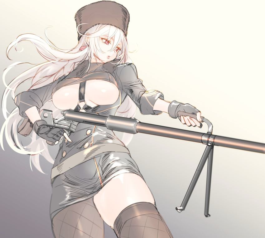 1girl anti-materiel_rifle asymmetrical_legwear black_gloves blonde_hair breasts fingerless_gloves fishnet_legwear fishnets girls_frontline gloves gun hat highres large_breasts long_hair pantyhose pink_eyes pottsness ptrd-41 ptrd-41_(girls_frontline) rifle single_leg_pantyhose single_thighhigh skindentation sniper_rifle solo thigh-highs under_boob weapon