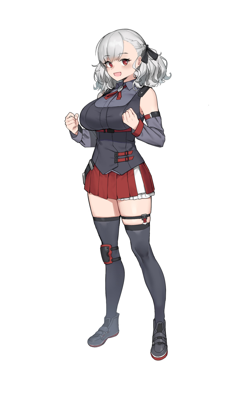 1girl absurdres breasts detached_sleeves eyebrows_visible_through_hair full_body girls_frontline grey_hair highres knee_pads large_breasts looking_at_viewer open_mouth red_eyes shoes simple_background skirt solo spas-12_(girls_frontline) standing thigh-highs uleuleuleu white_background