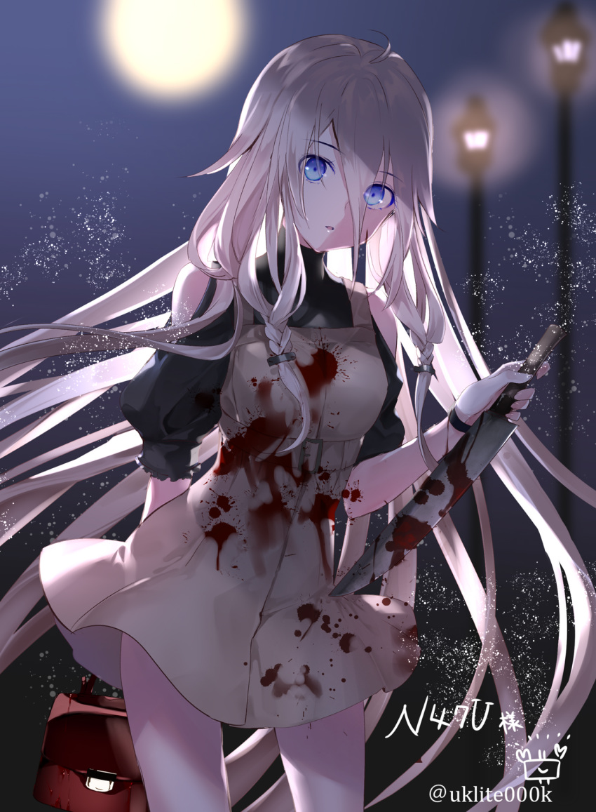 1girl bag bangs black_shirt blood bloody_clothes bloody_knife blue_eyes braid breasts commentary_request dress eyebrows_visible_through_hair eyes_visible_through_hair full_moon hair_between_eyes highres holding holding_knife ia_(vocaloid) knife lamppost looking_at_viewer moon outdoors parted_lips shirt sleeveless sleeveless_dress small_breasts solo twitter_username vocaloid white_dress yuuki_kira