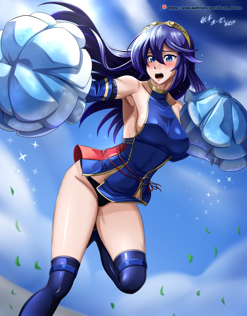 1girl absurdres armpits artist_name bare_shoulders blue_eyes blue_hair blush breasts cheerleader commentary_request fire_emblem hair_between_eyes highres long_hair looking_at_viewer lucina lucina_(fire_emblem) medium_breasts open_mouth panties patreon_username pom_pom_(clothes) sideboob smile solo teeth thigh-highs tongue underwear vilde_loh_hocen watermark web_address