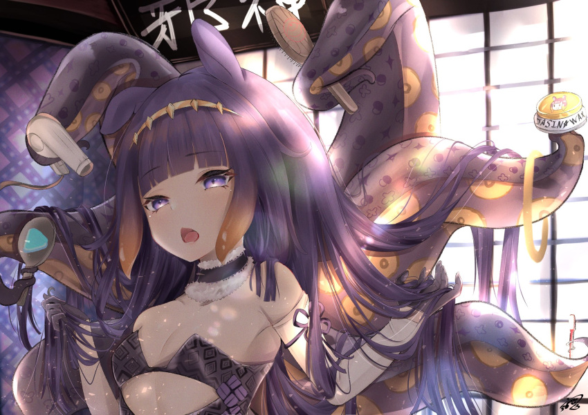 1girl arm_ribbon bangs bare_shoulders black_gloves blunt_bangs breasts detached_sleeves dress fur_collar gloves halo_removed highres holding holding_brush holding_hair holding_hair_dryer holding_mirror holding_toothbrush hololive hololive_english indoors logo long_hair mirror monster_girl ninomae_ina'nis open_mouth purple_hair ribbon signature single_detached_sleeve small_breasts solo strapless tentacle_hair tentacle_hold tentacles tiara toothbrush upper_body urotare very_long_hair violet_eyes virtual_youtuber