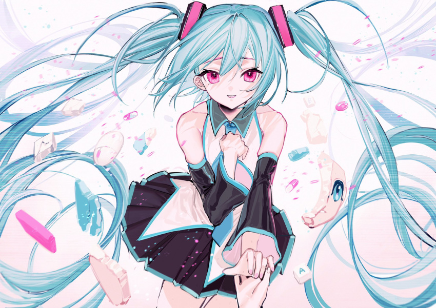 1girl absurdly_long_hair aisarenakute_mo_kimi_ga_iru_(vocaloid) aqua_eyes aqua_hair aqua_nails aqua_neckwear bare_shoulders black_skirt black_sleeves broken capsule commentary cowboy_shot detached_sleeves grey_shirt hand_on_own_chest hatsune_miku headphones headset highres keyboard_(computer) long_hair master_(vocaloid) miniskirt nail_polish necktie open_mouth outstretched_arm pink_eyes pleated_skirt pov pov_hands reaching_out rumoon_cocoa shirt shoulder_tattoo skindentation skirt sleeveless sleeveless_shirt smile solo tattoo thigh-highs twintails very_long_hair vocaloid white_background