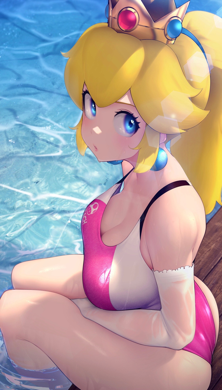 1girl blonde_hair blue_eyes breasts crown earrings elbow_gloves from_above gloves highres jewelry kashu_(hizake) lens_flare long_hair looking_at_viewer super_mario_bros. medium_breasts one-piece_swimsuit ponytail princess_peach sitting solo strap_gap swimsuit water