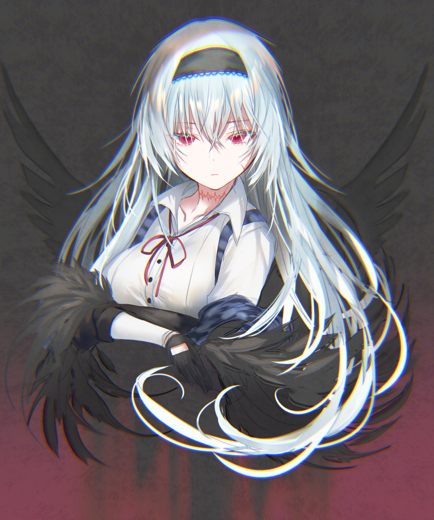 1girl absurdres black_gloves chromatic_aberration cropped_torso crossed_arms facial_scar girls_frontline gloves hair_between_eyes highres long_hair looking_at_viewer neck_ribbon neck_scar pottsness red_eyes red_neckwear red_ribbon ribbon scar scar_on_cheek shirt solo thunder_(girls_frontline) white_hair white_shirt