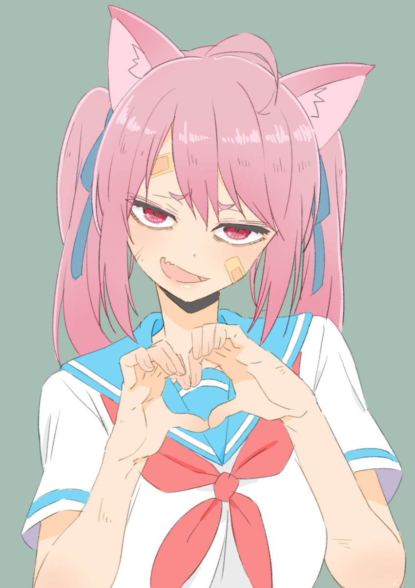 1girl :d absurdres ahoge animal_ears bandaid bandaid_on_cheek blue_ribbon blue_sailor_collar cat_ears copyright_request donguri_suzume fang green_background hair_ribbon hands_up heart heart_hands highres looking_at_viewer neckerchief open_mouth pink_hair red_eyes red_neckwear ribbon sailor_collar school_uniform serafuku shirt short_sleeves simple_background skin_fang smile solo upper_body white_shirt