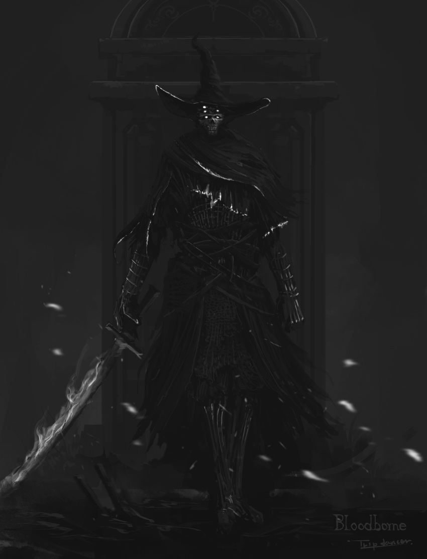 1other ambiguous_gender armor armored_boots artist_name black_armor bloodborne boots capelet commentary copyright_name extra_eyes facing_viewer flaming_sword flaming_weapon full_body gauntlets glowing glowing_eyes hat highres holding holding_sword holding_weapon keeper_of_the_old_lords looking_at_viewer petals solo standing statue sword teeth torn_clothes tripdancer weapon witch_hat