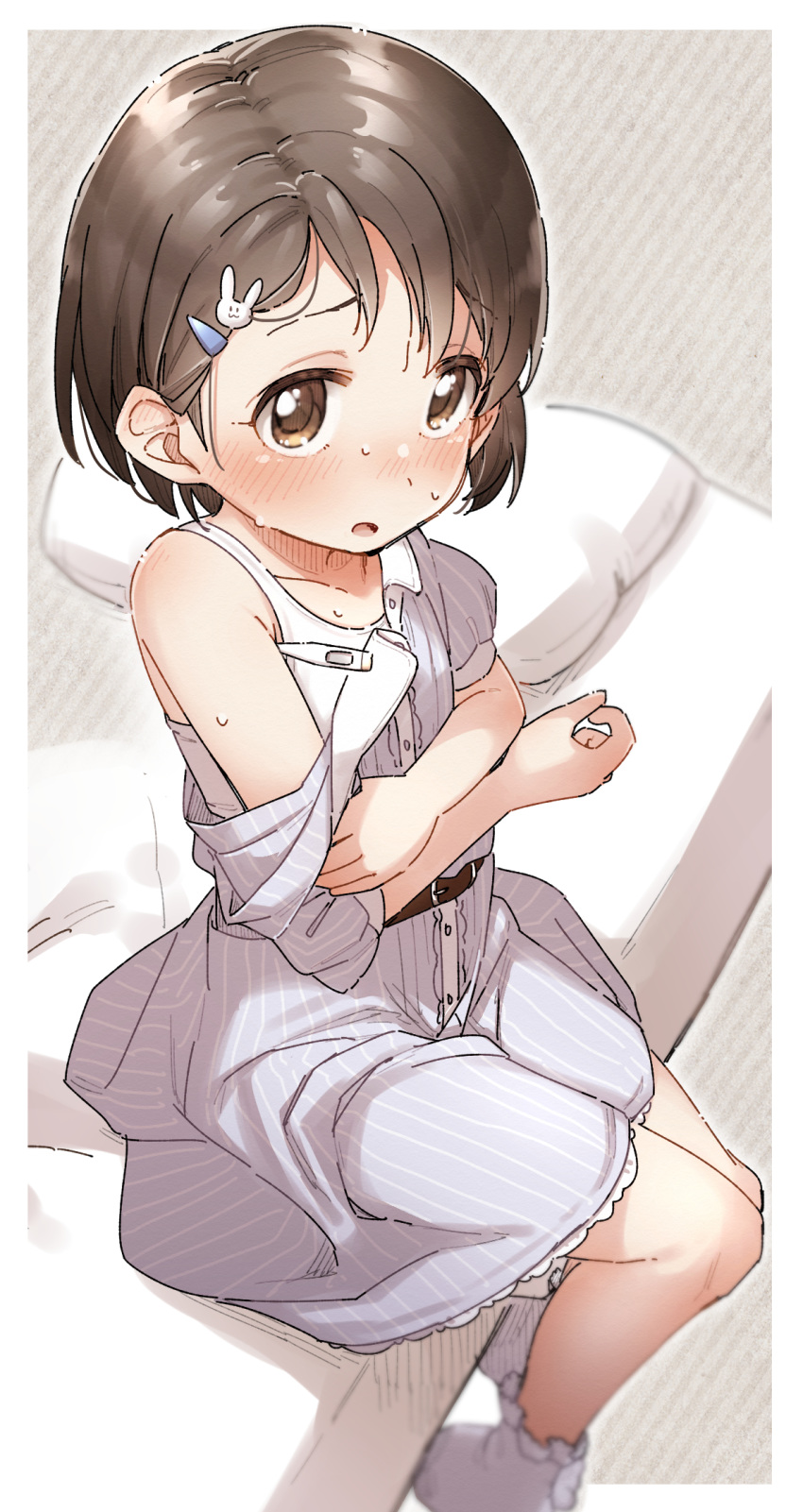 1girl :o bangs bed black_hair blue_dress blush brown_eyes bunny_hair_ornament camisole diagonal_stripes dress grey_background hair_ornament hairclip highres idolmaster idolmaster_cinderella_girls looking_at_viewer off_shoulder on_bed parted_lips pillow puffy_short_sleeves puffy_sleeves sasaki_chie short_hair short_sleeves sitting sitting_on_bed socks solo striped striped_background sweat thermometer vertical-striped_dress vertical_stripes white_camisole white_legwear yukie_(kusaka_shi)