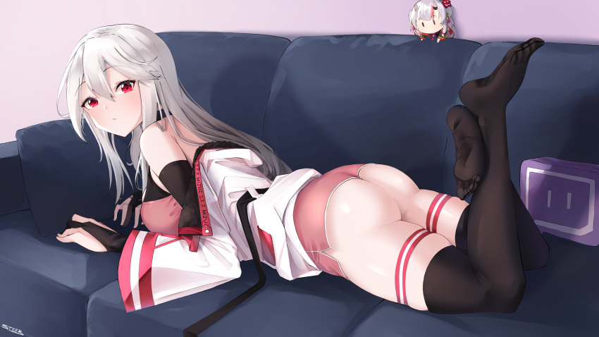 1girl absurdres ass black_gloves black_legwear bridal_gauntlets couch elbow_gloves feet_up gloves highres legs_up long_hair lying on_couch on_stomach original over-kneehighs partly_fingerless_gloves pink_shorts red_eyes short_shorts shorts solo steeb the_pose thigh-highs thigh_strap white_hair