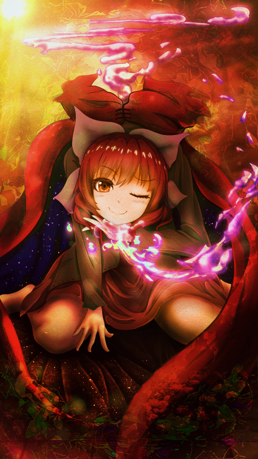 1girl black_shirt blush bow cape commentary_request disembodied_head hair_bow highres holding_head kneeling looking_at_viewer millzyuron one_eye_closed red_cape red_eyes red_skirt redhead sekibanki shirt short_hair skirt smile solo touhou