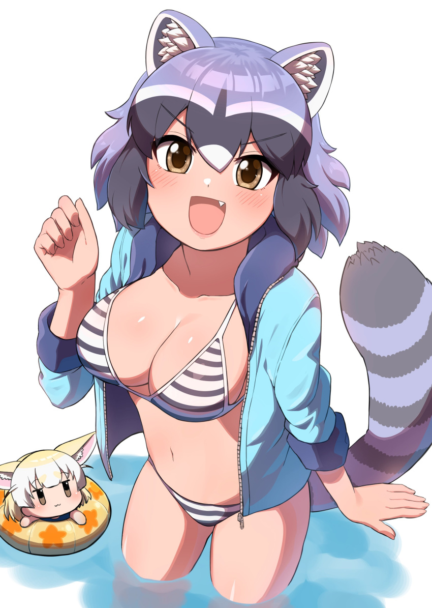 2girls absurdres alternate_costume animal_ears bikini blonde_hair blue_hoodie blush commentary_request common_raccoon_(kemono_friends) eyebrows_visible_through_hair fang fennec_(kemono_friends) fox_ears fox_girl grey_hair highres hood hood_down hoodie innertube kemono_friends looking_at_viewer multicolored_hair multiple_girls ngetyan open_clothes open_hoodie open_mouth raccoon_ears raccoon_girl raccoon_tail short_hair solo striped striped_bikini swimsuit tail wading white_hair