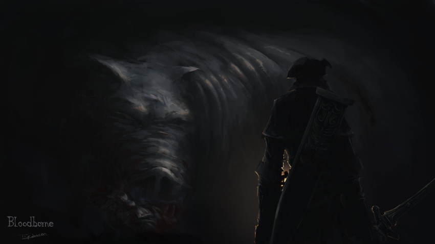 1other ambiguous_gender bloodborne capelet coat commentary copyright_name creature dark from_behind gloves hat highres holding holding_sword holding_weapon monster pig sheath signature solo standing sword tricorne tripdancer unsheathed weapon
