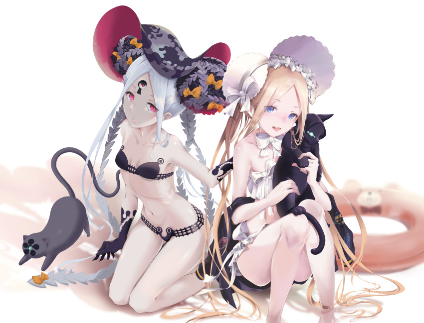 2girls abigail_williams_(fate/grand_order) abigail_williams_(swimsuit_foreigner)_(fate) absurdres bangs bare_shoulders bikini black_bikini black_bow black_cat black_jacket blonde_hair blue_eyes bonnet bow breasts cat collarbone double_bun dual_persona fate/grand_order fate_(series) forehead hair_bow highres innertube jacket keyhole kneeling legs long_hair looking_at_viewer miniskirt multiple_bows multiple_girls name1122 navel off_shoulder open_clothes open_jacket open_mouth orange_bow parted_bangs pink_eyes sidelocks simple_background sitting skirt small_breasts smile swimsuit thighs third_eye twintails very_long_hair white_background white_bikini white_bow white_hair white_headwear white_skin