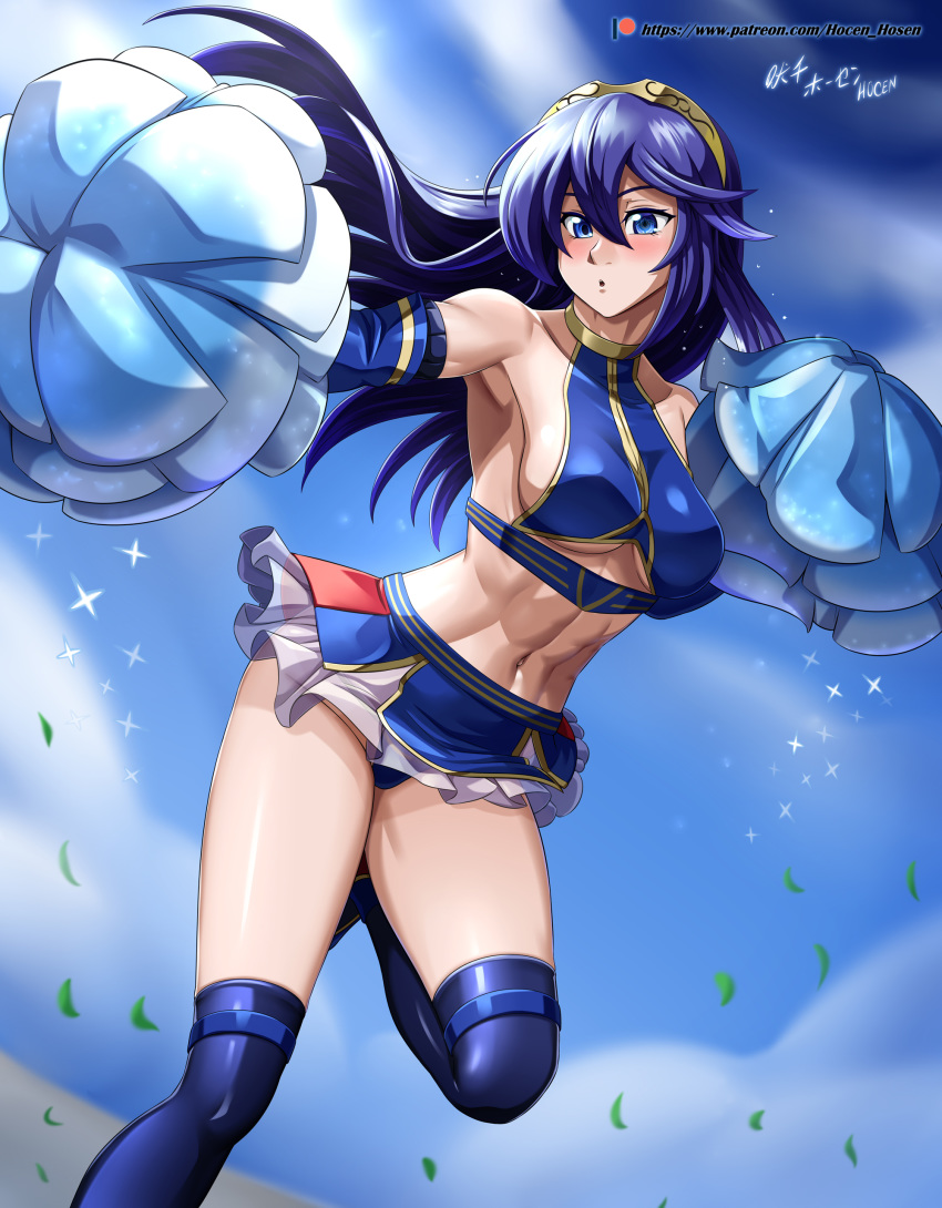 1girl abs absurdres armpits artist_name bare_shoulders blue_eyes blue_hair blush breasts cheerleader commentary_request fire_emblem hair_between_eyes highres long_hair looking_at_viewer lucina lucina_(fire_emblem) medium_breasts midriff navel panties patreon_username pom_pom_(clothes) skirt smile solo thigh-highs under_boob underwear vilde_loh_hocen watermark web_address