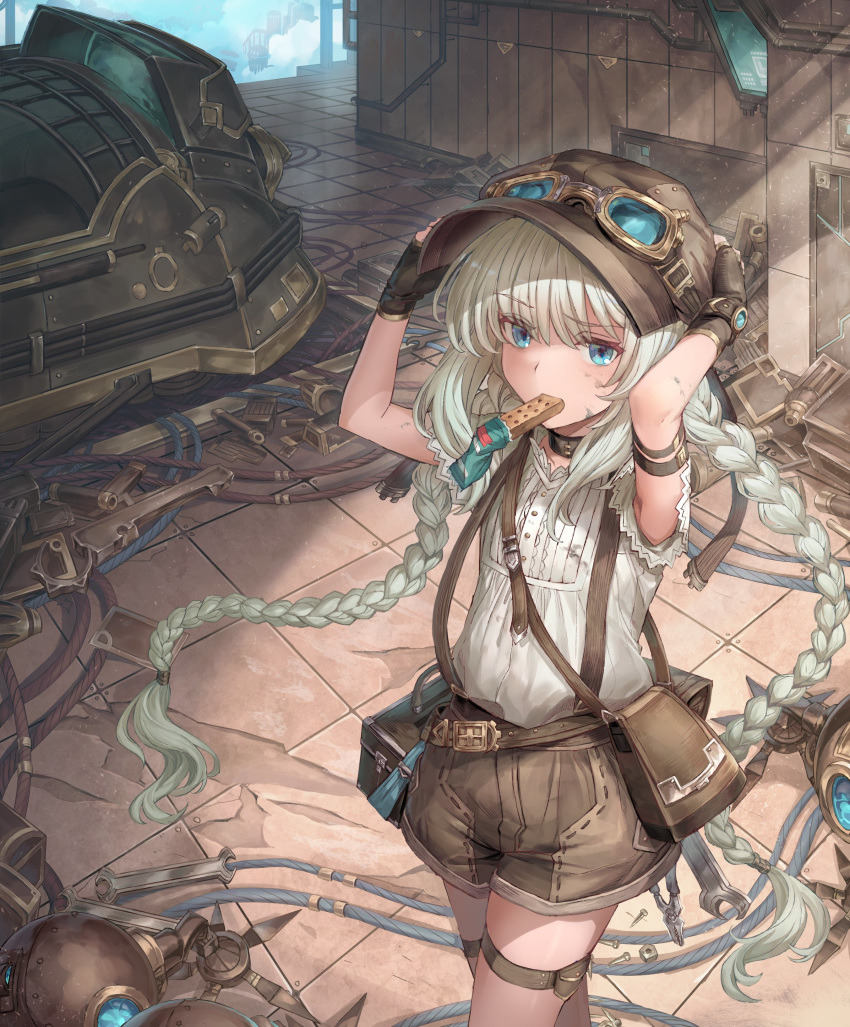 1girl absurdres arm_belt blue_eyes braid brown_gloves brown_headwear candy candy_bar cowboy_shot eyebrows_visible_through_hair fingerless_gloves food gloves goggles goggles_on_headwear hands_up hat highres july_(shichigatsu) long_hair looking_at_viewer mouth_hold original pincers puffy_shorts robot shirt shorts solo standing steampunk suspender_shorts suspenders twin_braids very_long_hair white_hair white_shirt wrench