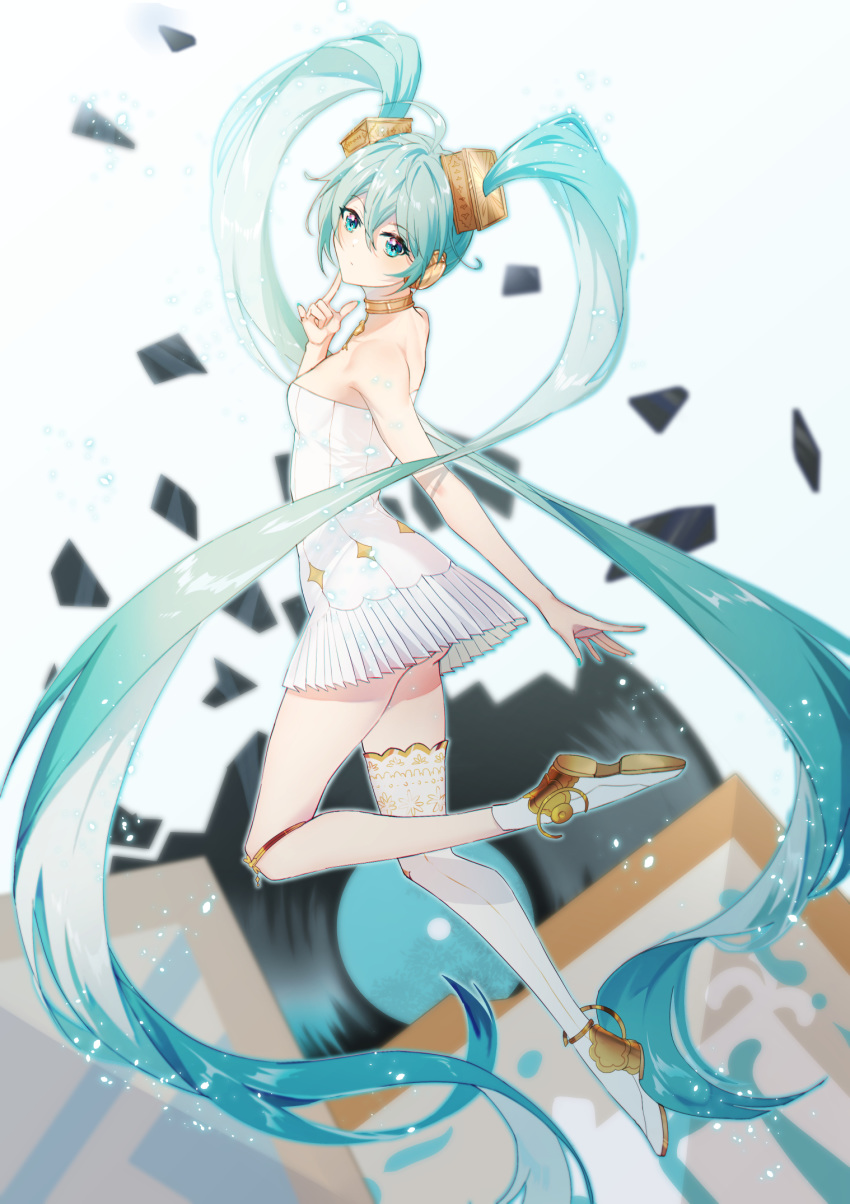 1girl absurdly_long_hair ahoge aqua_eyes aqua_hair ass bangs bare_arms bare_shoulders blurry blurry_background breasts dress finger_to_face full_body hair_ornament hatsune_miku headphones highres jewelry long_hair looking_at_viewer looking_to_the_side miku_symphony_(vocaloid) necklace plantar_flexion record shards shoe_soles shoes short_dress single_thighhigh solo strapless strapless_dress thigh-highs twintails very_long_hair vocaloid white_dress white_footwear white_legwear yan_er10