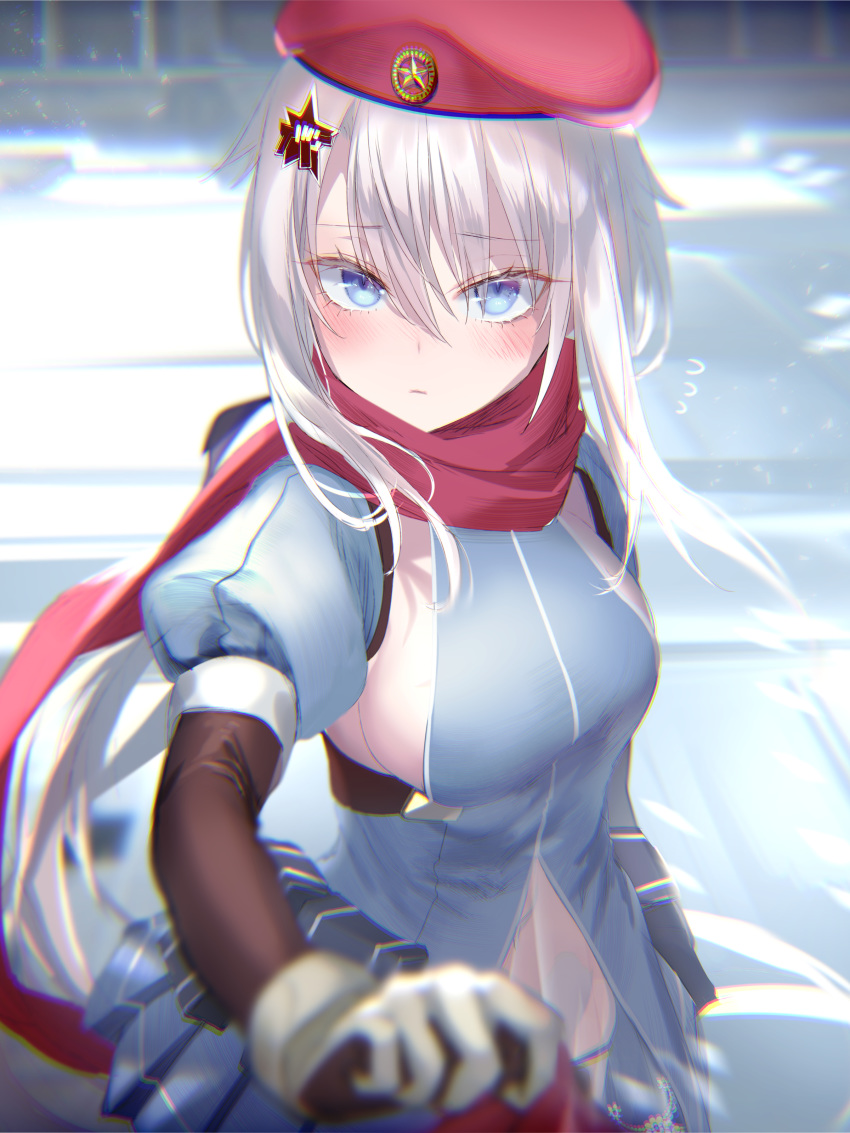 1girl 9a-91_(girls_frontline) absurdres bangs beret black_panties blue_eyes blue_skirt blush breasts closed_mouth dress elbow_gloves eyebrows_visible_through_hair eyelashes flying_sweatdrops girls_frontline gloves hair_ornament hair_ribbon hat highres long_hair looking_at_viewer low_twintails medium_breasts panties pleated_skirt pottsness pouch puffy_short_sleeves puffy_sleeves red_headwear red_scarf ribbon scarf see-through short_sleeves sideboob silver_hair skirt solo star_(symbol) twintails underwear