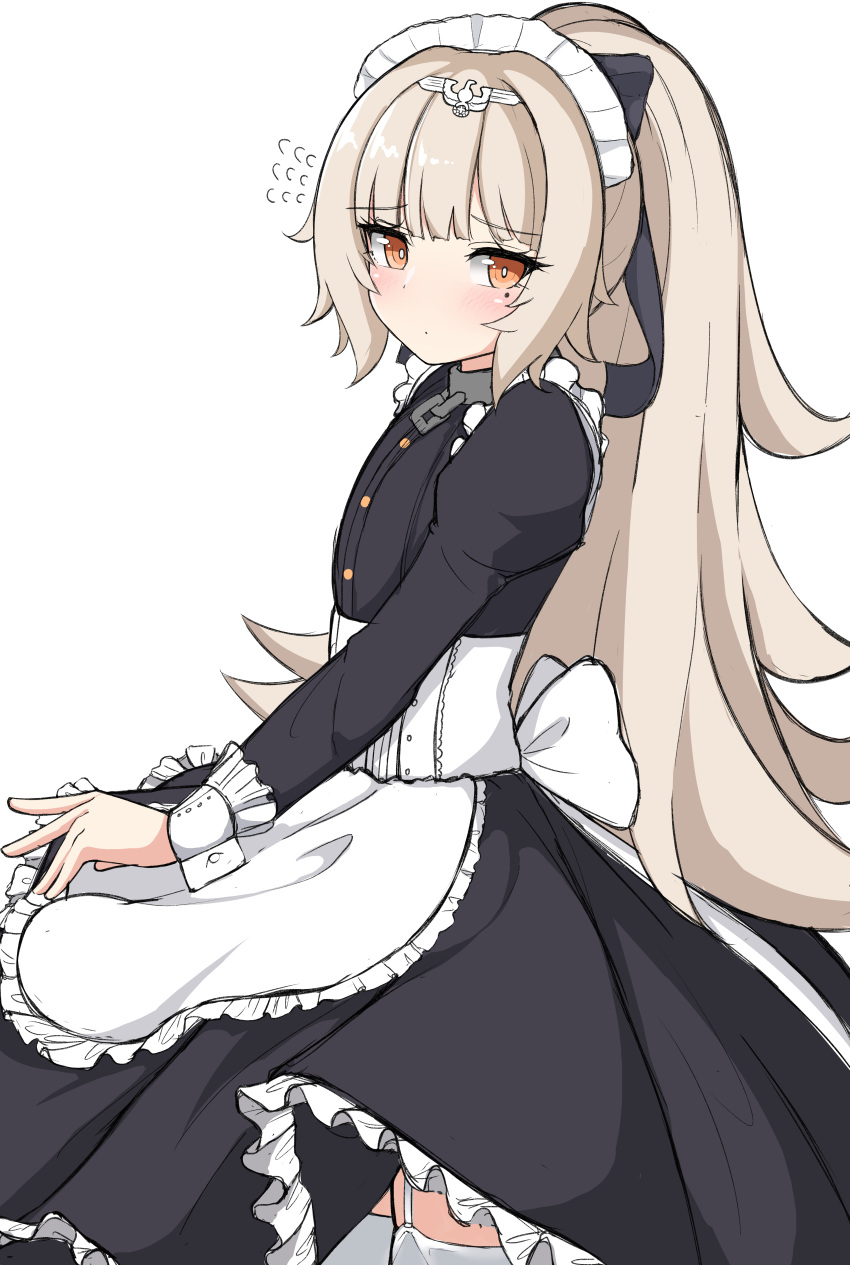 1girl absurdres alternate_costume apron azur_lane black_dress black_ribbon blush brown_eyes closed_mouth dress enmaided flying_sweatdrops frilled_apron frilled_dress frills from_side garter_straps hair_ribbon high_ponytail highres juliet_sleeves light_brown_hair long_hair long_sleeves looking_at_viewer looking_to_the_side maid maid_headdress mole mole_under_eye moyoron ponytail puffy_sleeves ribbon simple_background solo thigh-highs very_long_hair waist_apron white_apron white_background white_legwear z46_(azur_lane)