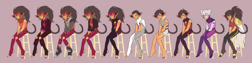 absurdres animal_ears barefoot cat_ears cat_girl cat_tail catra helmet heterochromia highres long_image masters_of_the_universe multiple_persona ponytail she-ra_and_the_princesses_of_power short_hair short_shorts shorts sitting smile spacesuit spoilers sports_bra stool su_ggushi tail toeless_legwear very_short_hair wide_image