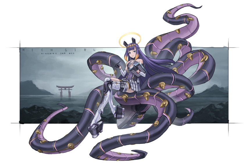 1girl absurdres breasts costume_request halo highres hololive hololive_english long_hair mechanical_tentacles multicolored_hair ninomae_ina'nis purple_hair small_breasts solo tentacle_hair torii very_long_hair zen_(jirakun)