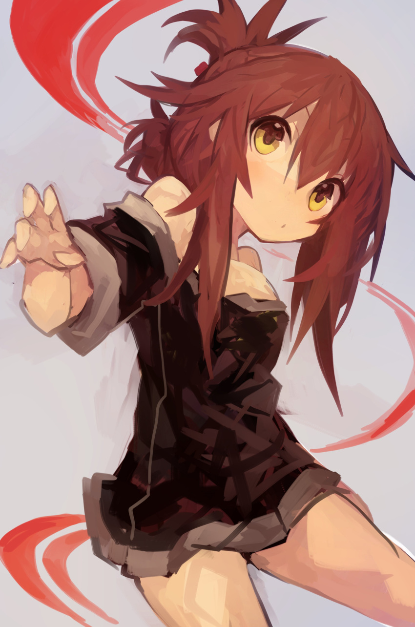 1girl absurdres alternate_costume bangs black_dress brown_hair dress folded_ponytail hair_between_eyes highres inazuma_(kantai_collection) kaamin_(mariarose753) kantai_collection off_shoulder ponytail short_dress simple_background solo strapless strapless_dress two-tone_background yellow_eyes