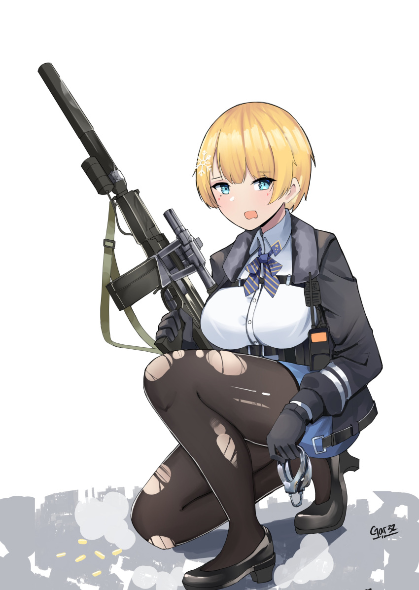 1girl absurdres black_footwear black_jacket blonde_hair blue_eyes bow bowtie breasts brown_legwear collared_shirt commentary english_commentary gar32 girls_frontline grey_neckwear gun highres holding holding_gun holding_weapon jacket large_breasts long_sleeves looking_at_viewer mole mole_under_eye one_knee open_mouth pantyhose rifle shirt shoes short_hair signature solo torn_clothes torn_legwear vsk-94_(girls_frontline) weapon white_background wing_collar