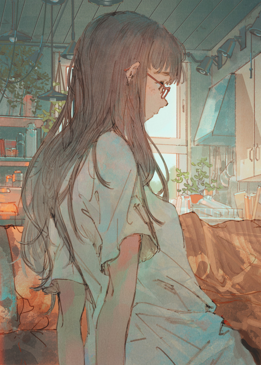 1girl bangs black_hair blue_shirt brown_eyes closed_mouth cupboard day from_side glasses highres indoors long_hair nashirei original plant potted_plant profile red-framed_eyewear shirt short_sleeves solo window