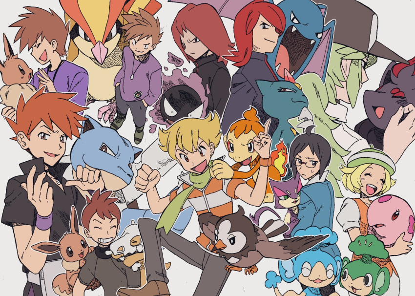 1girl 6+boys barry_(pokemon) baseball_cap bianca_(pokemon) black_shirt blue_oak brown_hair cheren_(pokemon) chimchar clenched_hands closed_eyes closed_mouth cubone eevee fangs gastly gen_1_pokemon gen_2_pokemon gen_4_pokemon gen_5_pokemon green_scarf hands_in_pockets hands_up hat highres holding holding_pokemon jewelry multiple_boys munna n_(pokemon) nashubi_(to_infinity_wow) necklace open_mouth panpour pansage pants pidgeot pokemon pokemon_(creature) pokemon_(game) pokemon_bw pokemon_dppt pokemon_frlg pokemon_gsc pokemon_lgpe pokemon_rgby popped_collar purple_wristband purrloin redhead scarf shirt silver_(pokemon) smile sneasel spiky_hair starly tongue white_background wristband zorua