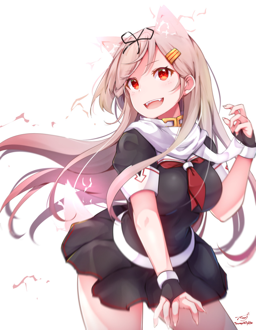 1girl :d animal_ears artist_name baileys_(tranquillity650) black_gloves black_ribbon black_serafuku black_skirt blonde_hair blush cowboy_shot eyebrows_visible_through_hair fangs fingerless_gloves fingernails gloves hair_flaps hair_ornament hair_ribbon hairclip highres kantai_collection long_hair neckerchief open_mouth pleated_skirt red_eyes red_neckwear remodel_(kantai_collection) ribbon scarf school_uniform serafuku sharp_fingernails short_sleeves signature simple_background skirt smile solo tail white_background white_scarf wolf_ears wolf_tail yuudachi_(kantai_collection)