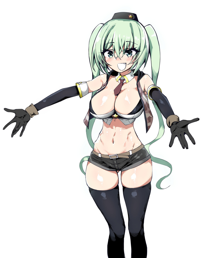 1girl absurdres breasts fang girls_frontline groin highres kinbakuman large_breasts light_green_hair long_hair micro_uzi_(girls_frontline) navel open_mouth outstretched_arms smile solo twintails very_long_hair