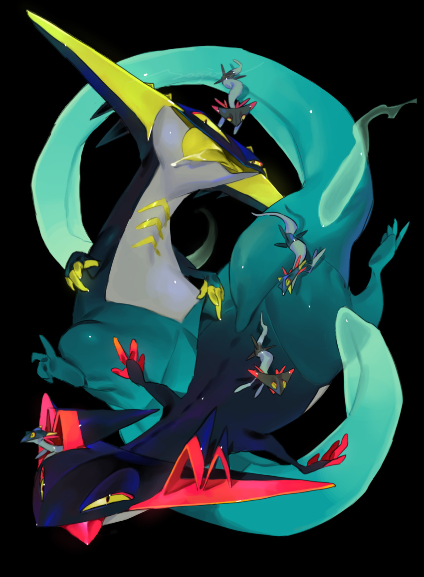 absurdres black_background black_eyes closed_mouth creature dragon highres no_humans open_mouth pokemon pokemon_(creature) pokemon_(game) saliva simple_background spine tongue tongue_out yagita_(astronomie) yellow_sclera yellow_tongue