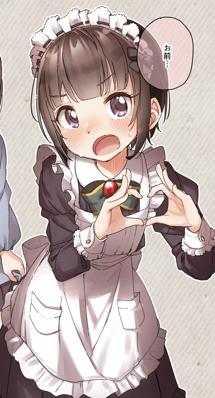 1girl absurdres alternate_costume apron bangs black_dress black_hair blush bow brooch collared_dress diagonal_stripes dress enmaided eyebrows_visible_through_hair frilled_apron frills green_bow grey_background heart heart_hands highres idolmaster idolmaster_cinderella_girls jewelry juliet_sleeves long_sleeves looking_at_viewer maid maid_apron maid_headdress open_mouth puffy_sleeves shirayuki_chiyo short_hair striped striped_background sweat translation_request v-shaped_eyebrows violet_eyes white_apron yukie_(kusaka_shi)