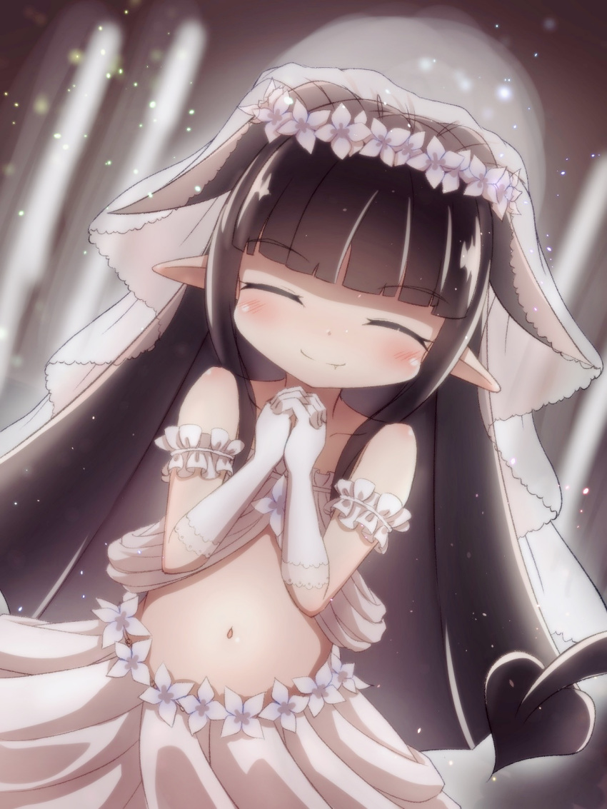 1girl ^_^ arm_garter bangs bare_shoulders black_hair blunt_bangs blush bridal_veil bride closed_eyes commentary_request demon_tail dress eyebrows_visible_through_hair facing_viewer fang fang_out gloves hands_clasped happy highres hinako_(tokiha_(ruinluin)) long_hair navel original own_hands_together pointy_ears smile solo stomach tail tokiha_(ruinluin) veil wedding_dress white_gloves
