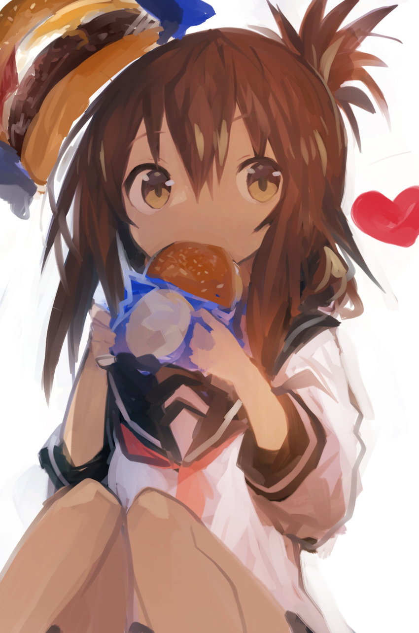 1girl absurdres bangs brown_hair eating eyebrows_visible_through_hair folded_ponytail food hair_between_eyes hamburger heart highres holding holding_food inazuma_(kantai_collection) kaamin_(mariarose753) kantai_collection neckerchief oversized_food ponytail red_neckwear sailor_collar school_uniform serafuku simple_background solo white_background yellow_eyes