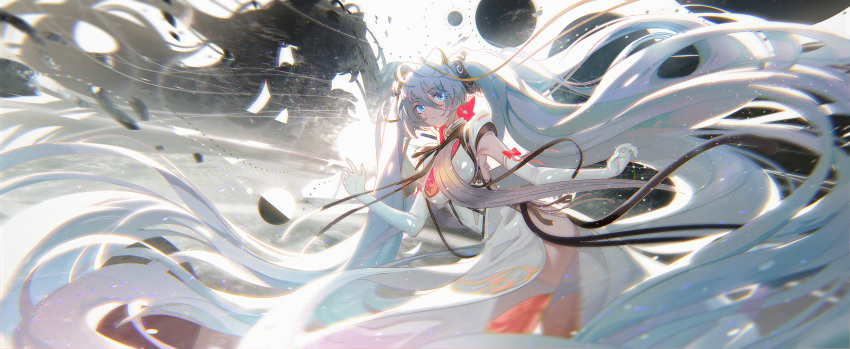 1girl blue_eyes blue_hair bow breasts cowboy_shot dress earrings elbow_gloves floating_hair gloves hair_ornament hand_up hatsune_miku headgear highres jewelry leaning_forward long_hair looking_afar motion_blur outstretched_arm red_bow red_legwear side_slit solo sphere thigh-highs twintails very_long_hair visible_air vocaloid white_background white_dress white_gloves white_legwear ying_yi