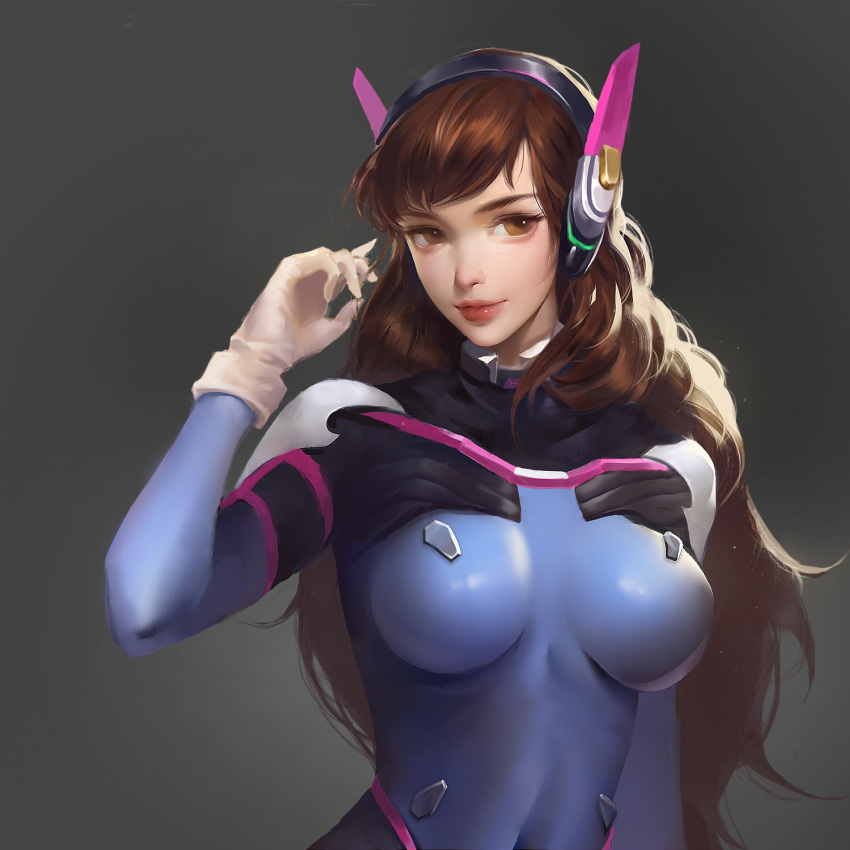 1girl adjusting_hair arm_at_side bangs bodysuit breasts brown_eyes brown_hair chelsea_sun commentary covered_navel d.va_(overwatch) facepaint facial_mark gloves grey_background hands_up headphones high_collar highres impossible_bodysuit impossible_clothes lips long_hair looking_away looking_to_the_side medium_breasts nose overwatch pilot_suit pink_lips realistic ribbed_bodysuit shoulder_pads simple_background skin_tight solo swept_bangs upper_body very_long_hair whisker_markings white_gloves